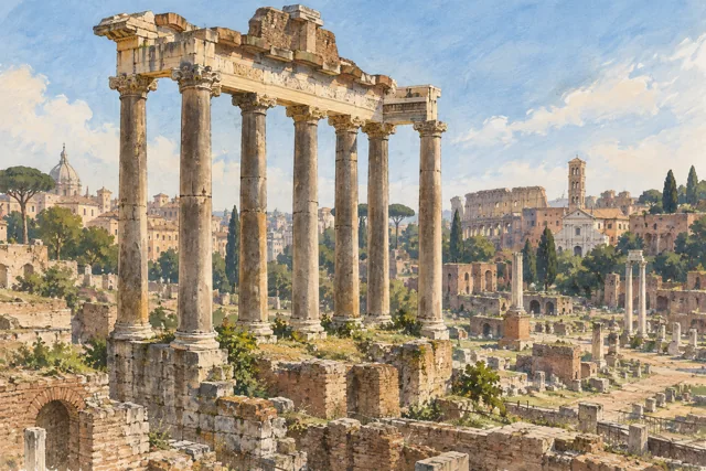Interpretive editorial illustration of weathered columns and a surviving entablature inspired by the Temple of Saturn in the Roman Forum.