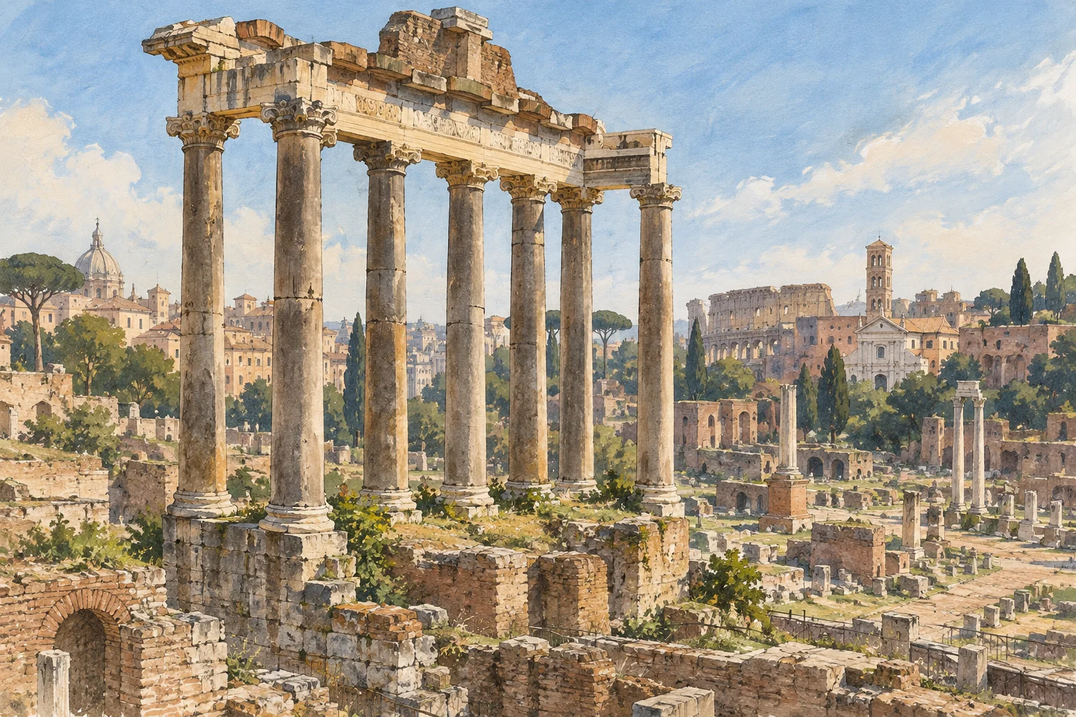 Interpretive editorial illustration of weathered columns and a surviving entablature inspired by the Temple of Saturn in the Roman Forum.