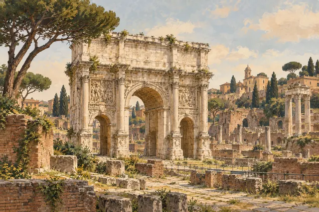 Editorial illustration of the three-opening Arch of Septimius Severus amid pale stone ruins and greenery in the Roman Forum.