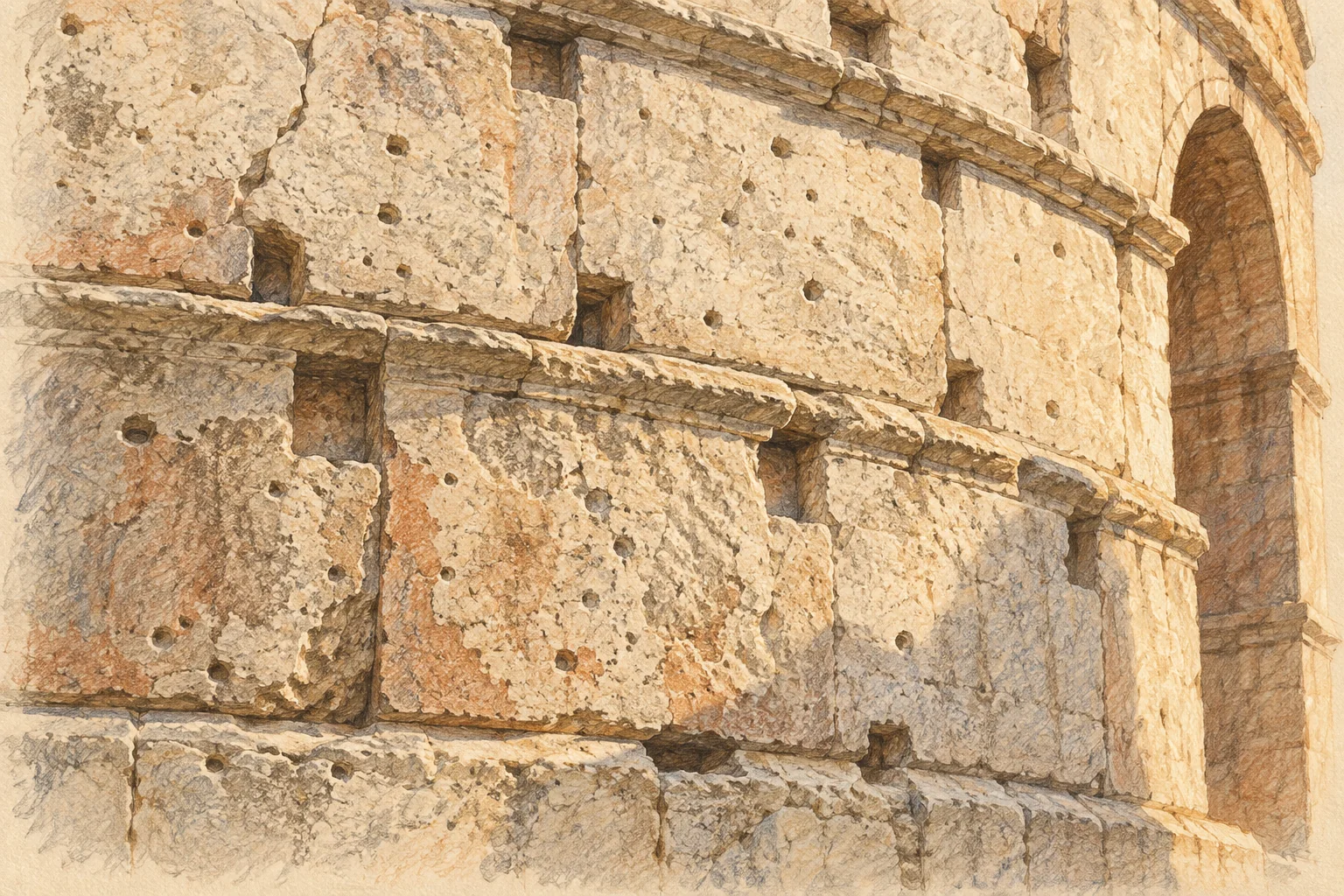 Editorial illustration of weathered travertine blocks and recesses inspired by the Colosseum exterior.