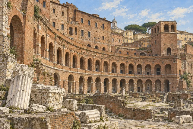 Editorial illustration of curved brick facades, vaulted openings and pale stone fragments at Trajan’s Markets in Rome.