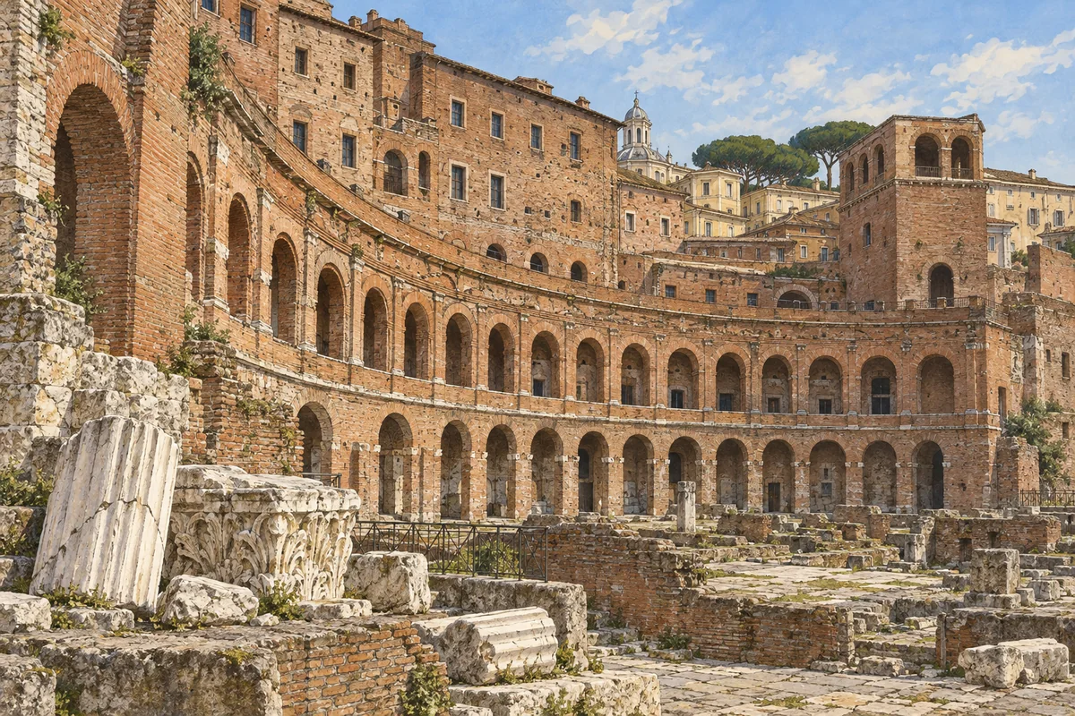 Editorial illustration of curved brick facades, vaulted openings and pale stone fragments at Trajan’s Markets in Rome.