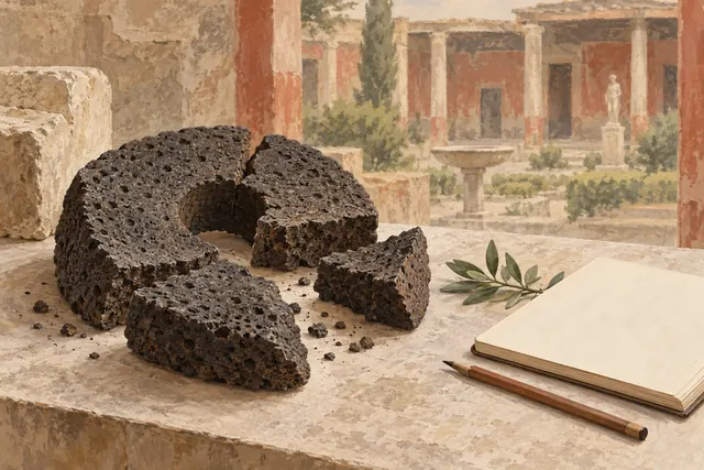 Conceptual editorial illustration of dark millstone fragments, an open notebook and a pencil against a softly painted courtyard.