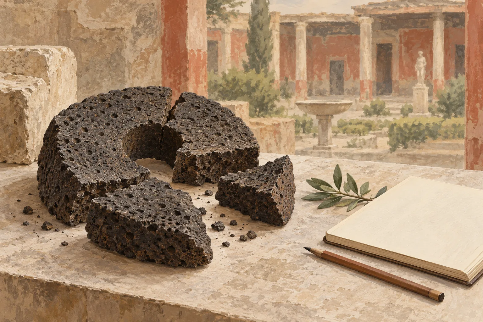 Conceptual editorial illustration of dark millstone fragments, an open notebook and a pencil against a softly painted courtyard.