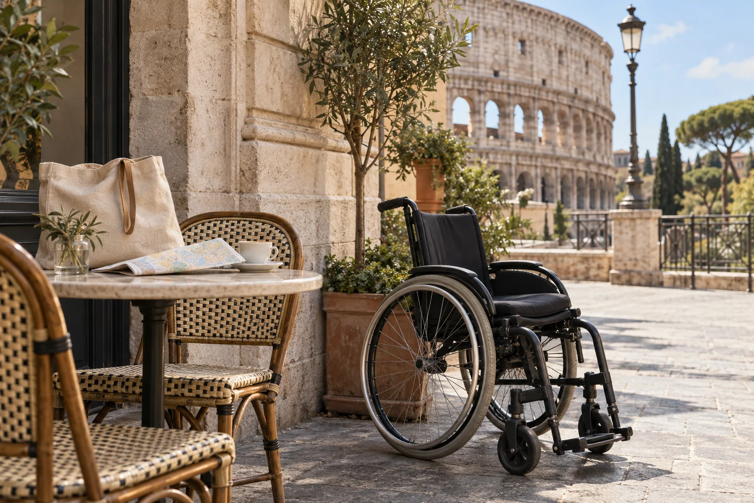 An empty wheelchair beside a café table with a folded map and linen bag; AI-generated editorial illustration.