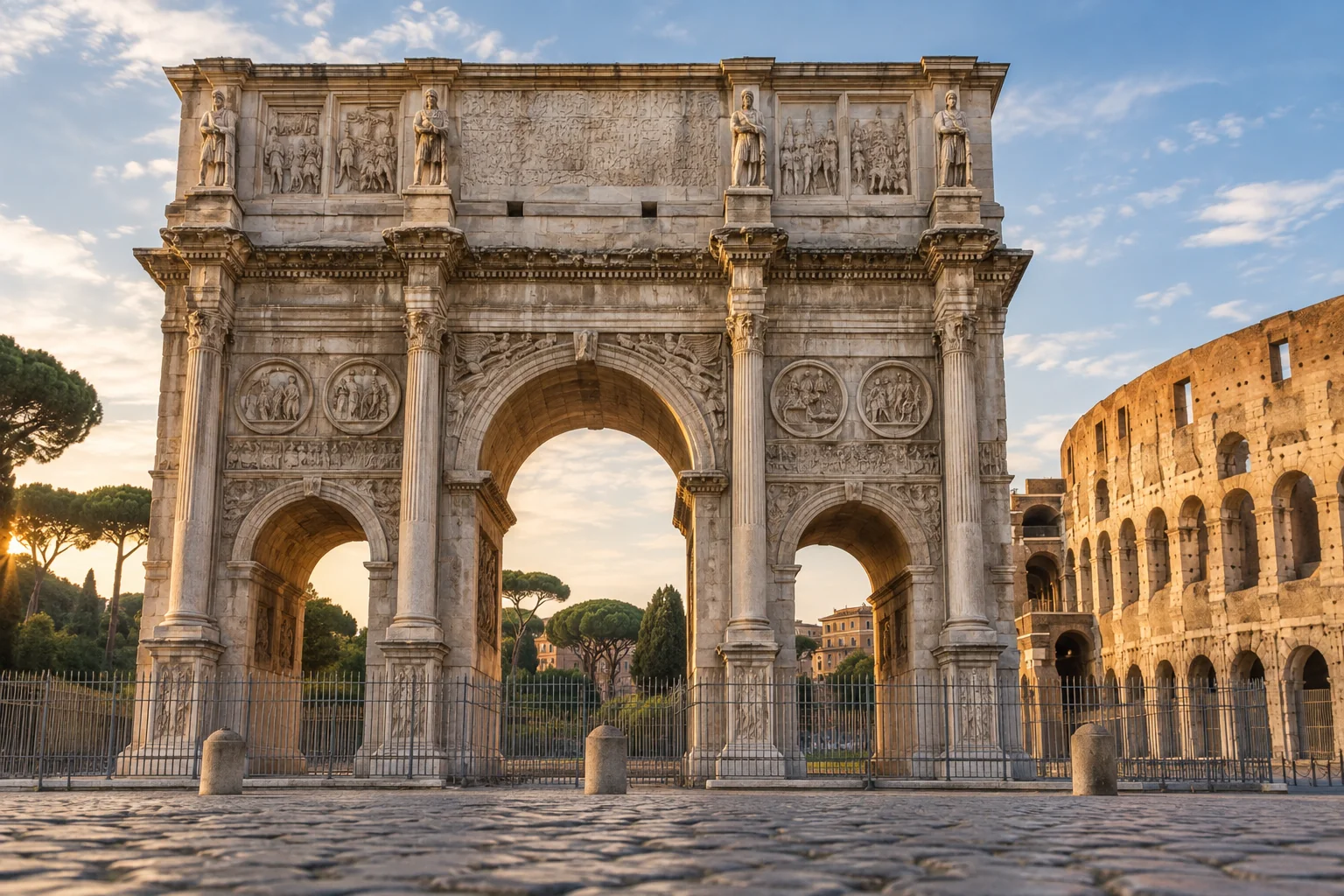 The Arch of Constantine’s three openings and carved reliefs beside the Colosseum; AI-generated editorial illustration.