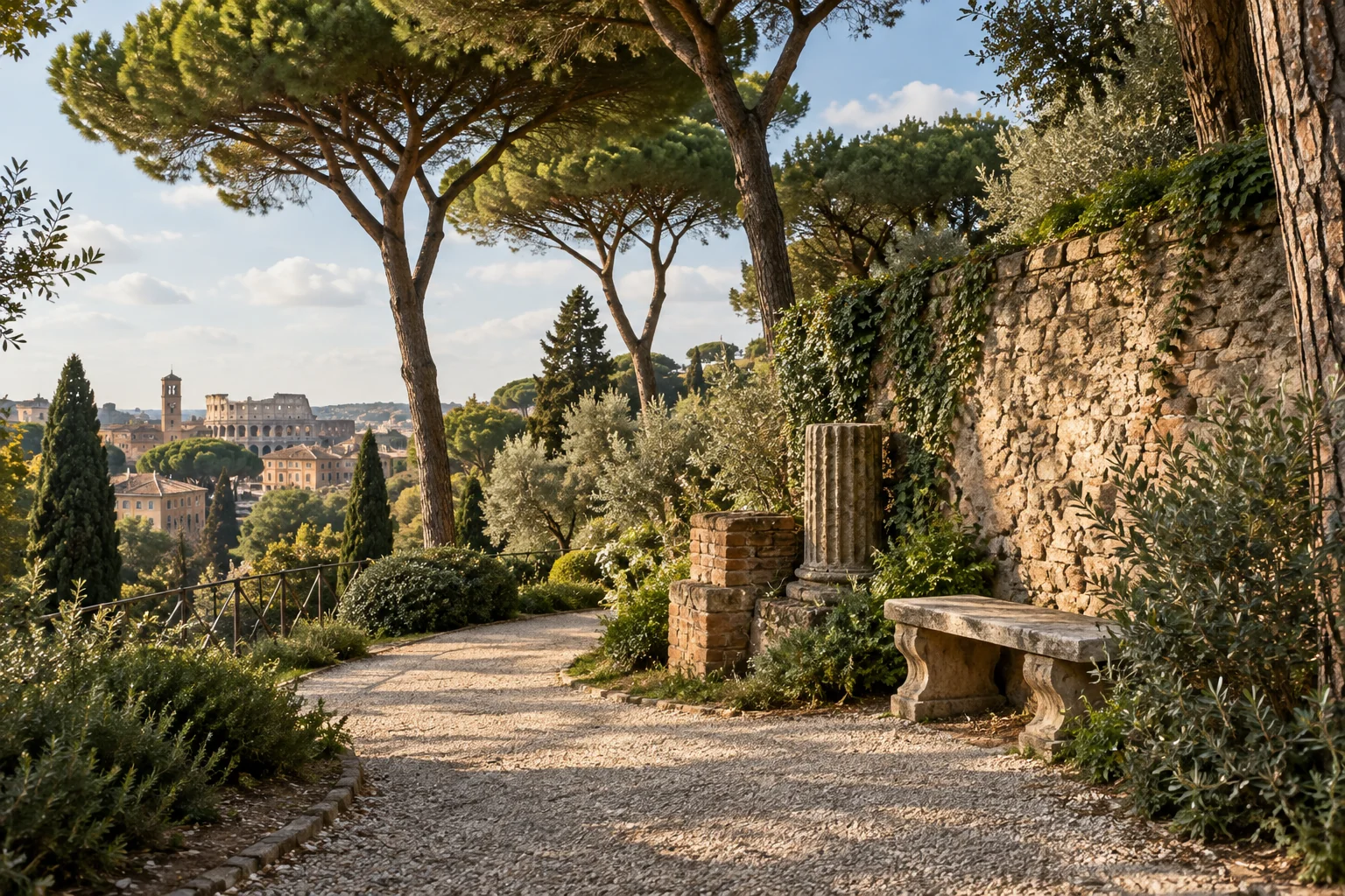 A gravel garden path beneath umbrella pines beside an empty stone bench; AI-generated editorial illustration.