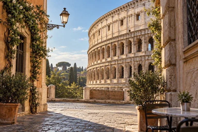 AI-generated editorial view of the Colosseum framed by a nearby street.
