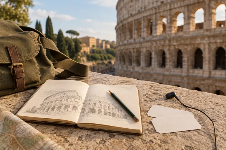 AI-generated editorial still life of a notebook and audio earpiece for planning a Colosseum visit.