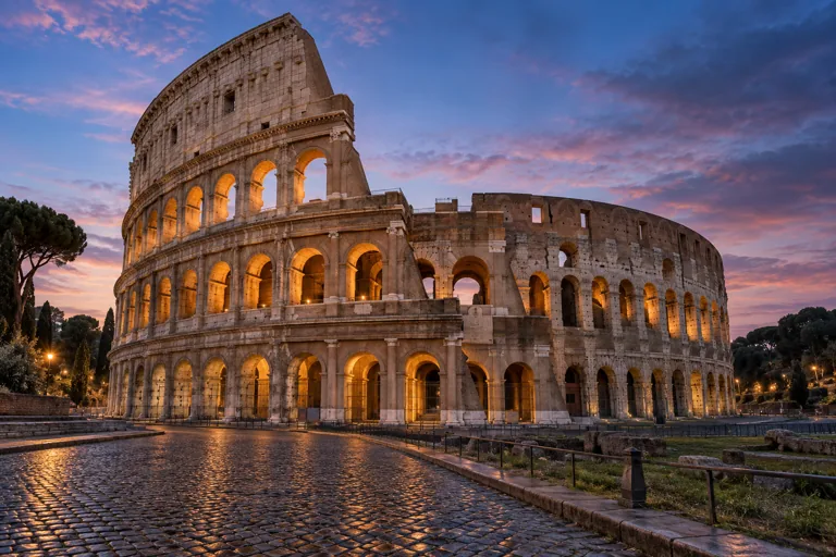 Illuminated Colosseum arches above reflective cobblestones at blue hour; AI-generated editorial illustration.