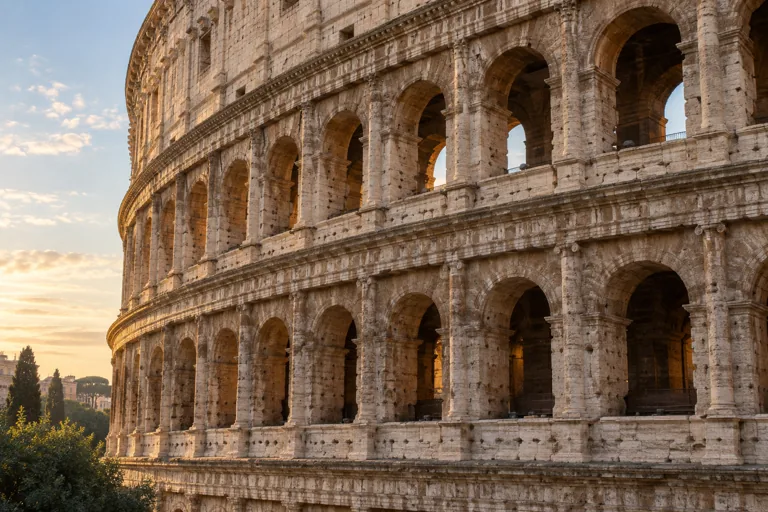 Weathered travertine arches curving around the Colosseum in warm light; AI-generated editorial illustration.