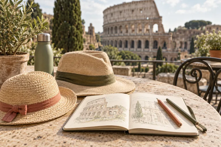 Two sunhats, colored pencils and an open sketchbook on a sunny café table; AI-generated editorial illustration.