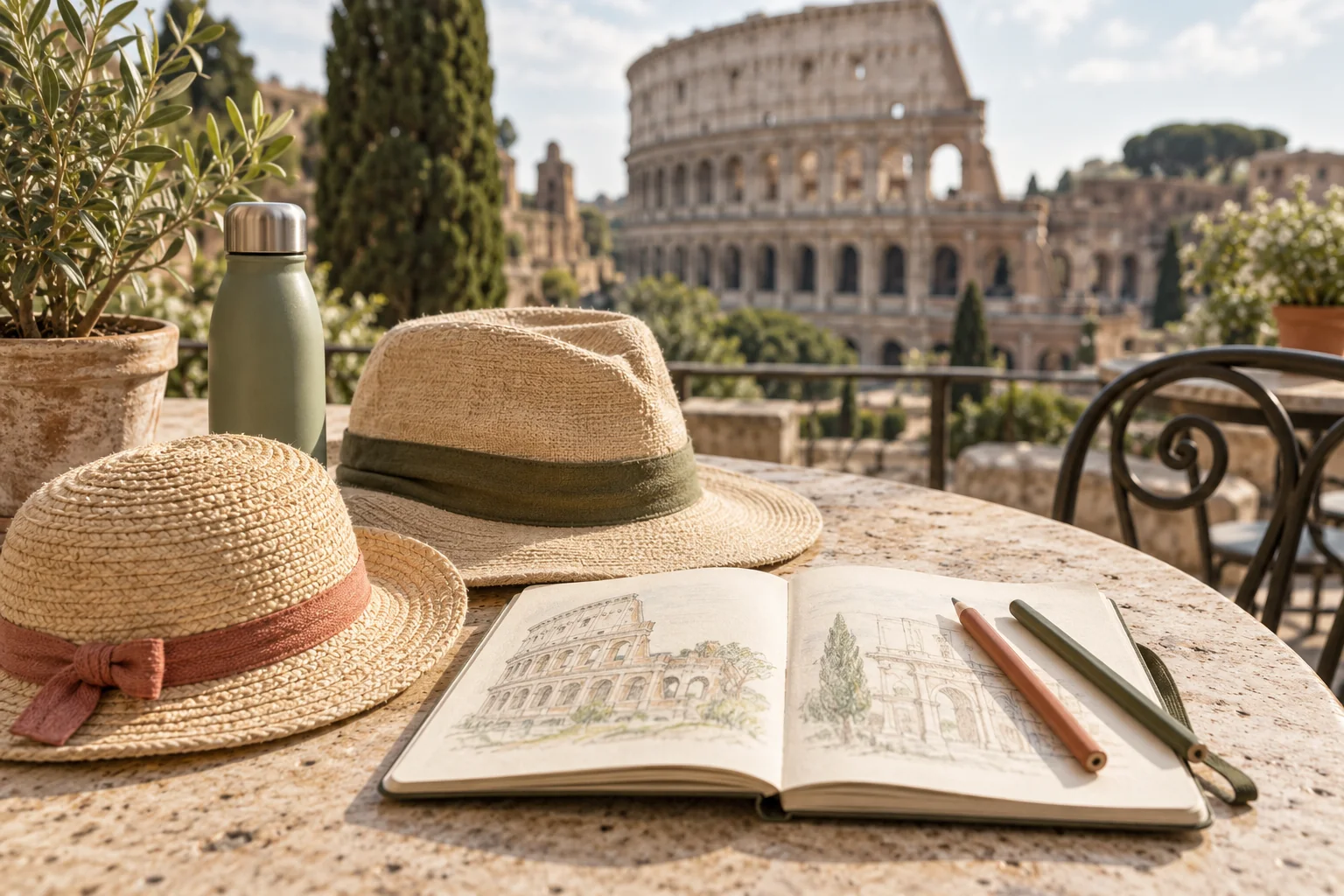 Two sunhats, colored pencils and an open sketchbook on a sunny café table; AI-generated editorial illustration.
