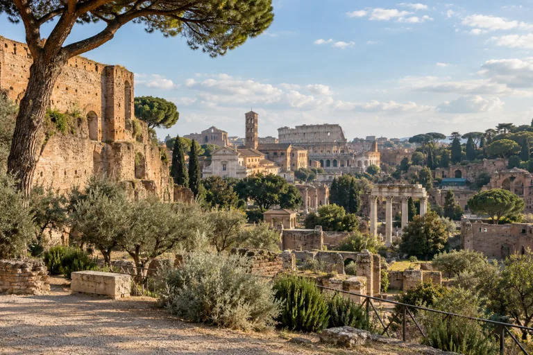 Ancient brick walls and an umbrella pine overlooking Roman ruins; AI-generated editorial illustration.