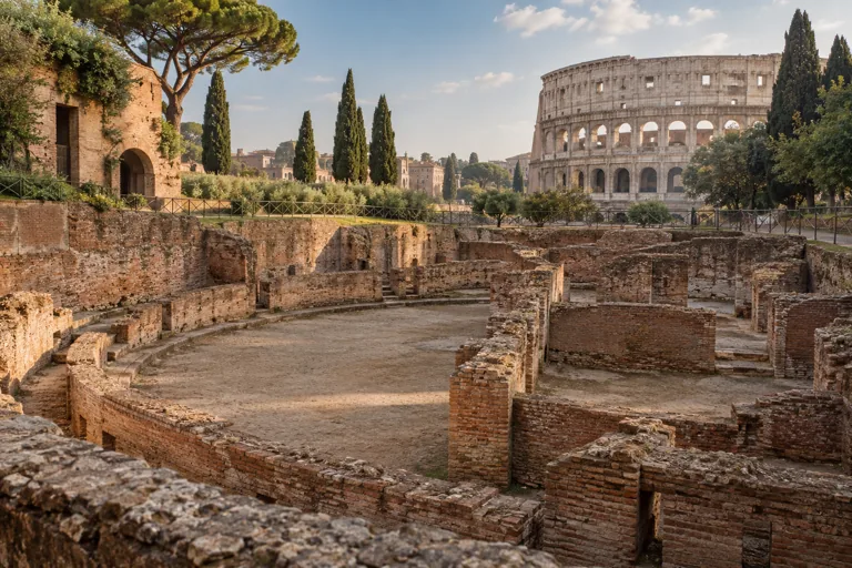 Curved brick arena remains and excavated rooms inspired by the Ludus Magnus; AI-generated editorial illustration.