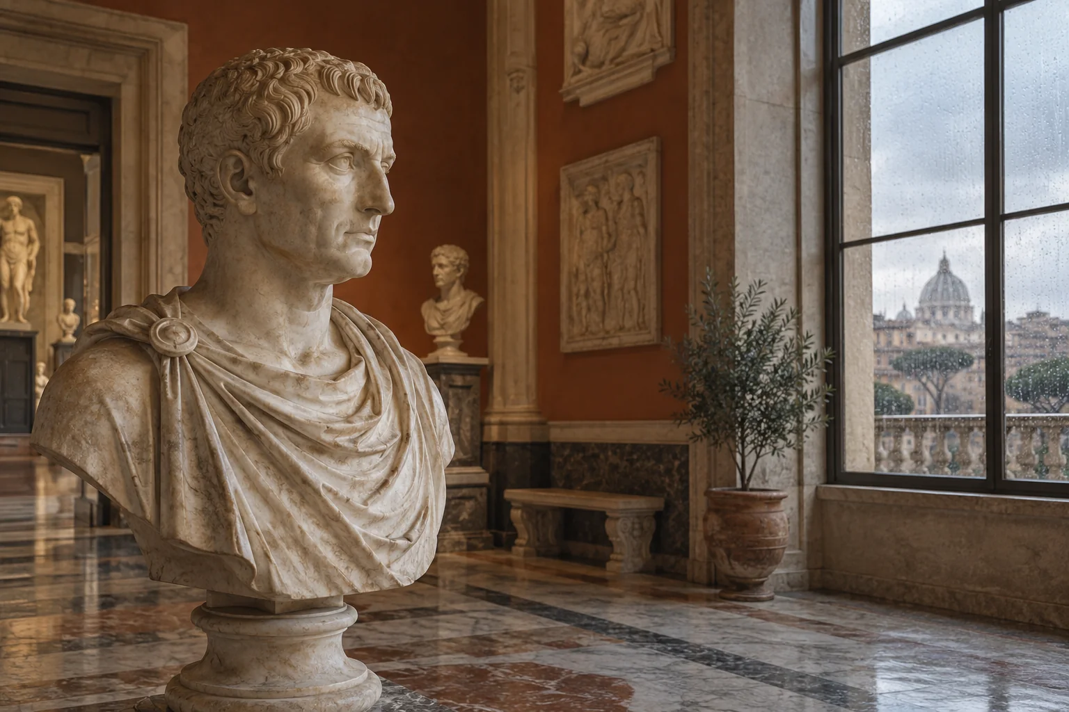 A classical marble bust beside a rain-speckled window in a museum gallery; AI-generated editorial illustration.