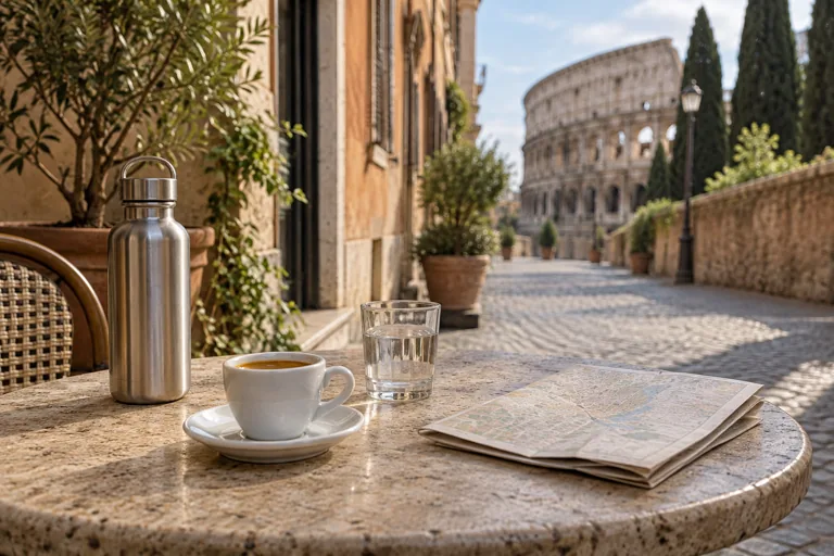 An espresso, city map and reusable water bottle on a café table in Rome; AI-generated editorial illustration.