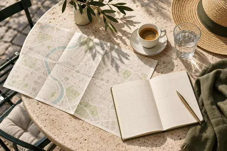 A city map, notebook, espresso and sunhat on a Roman café table; AI-generated editorial illustration.
