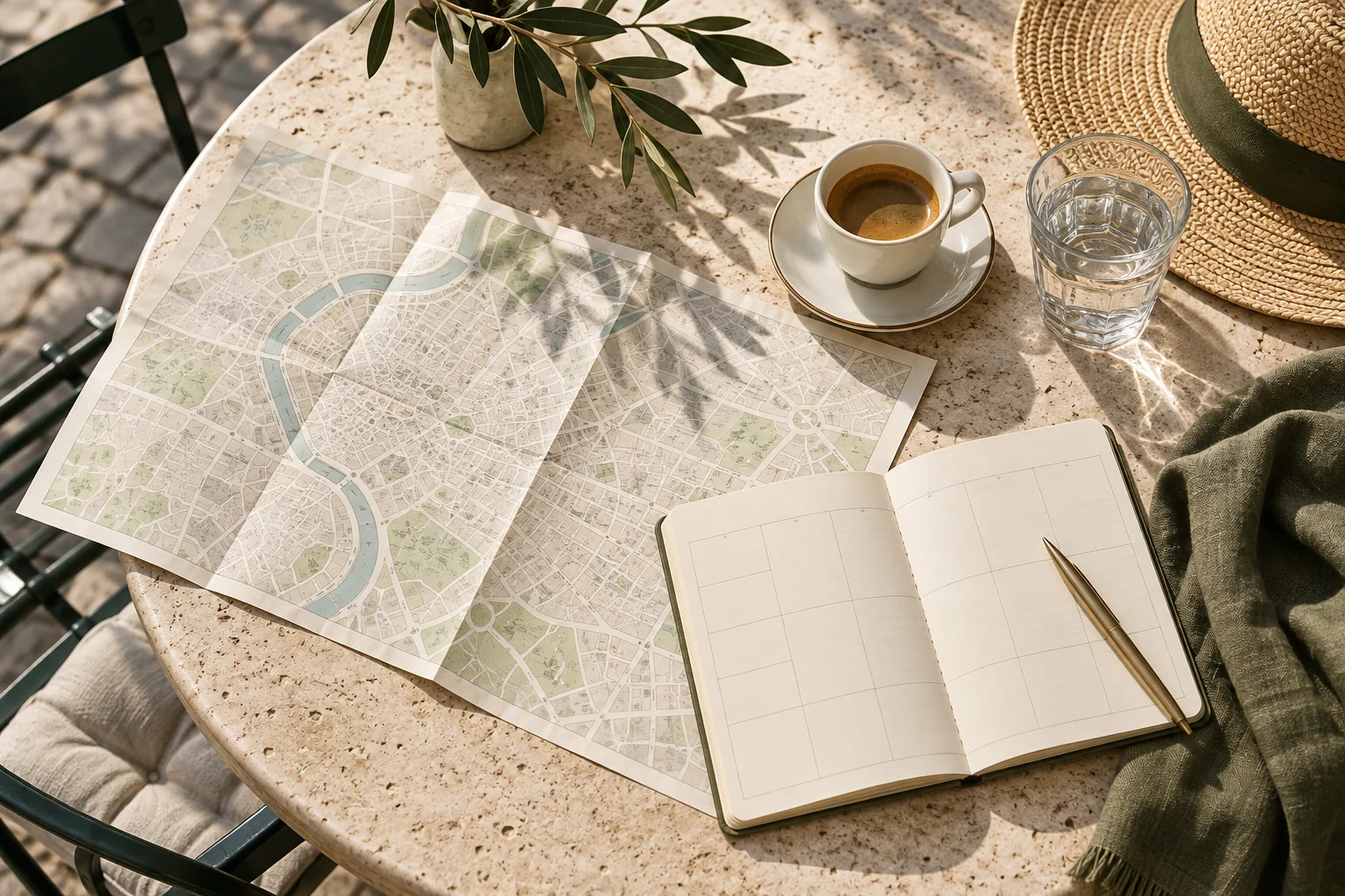 A city map, notebook, espresso and sunhat on a Roman café table; AI-generated editorial illustration.