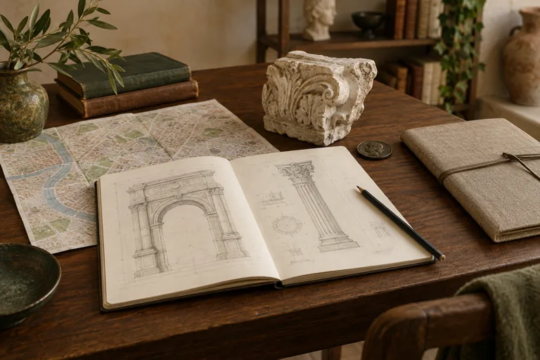 An architecture notebook, folded map and carved stone fragment on a study table; AI-generated editorial illustration.