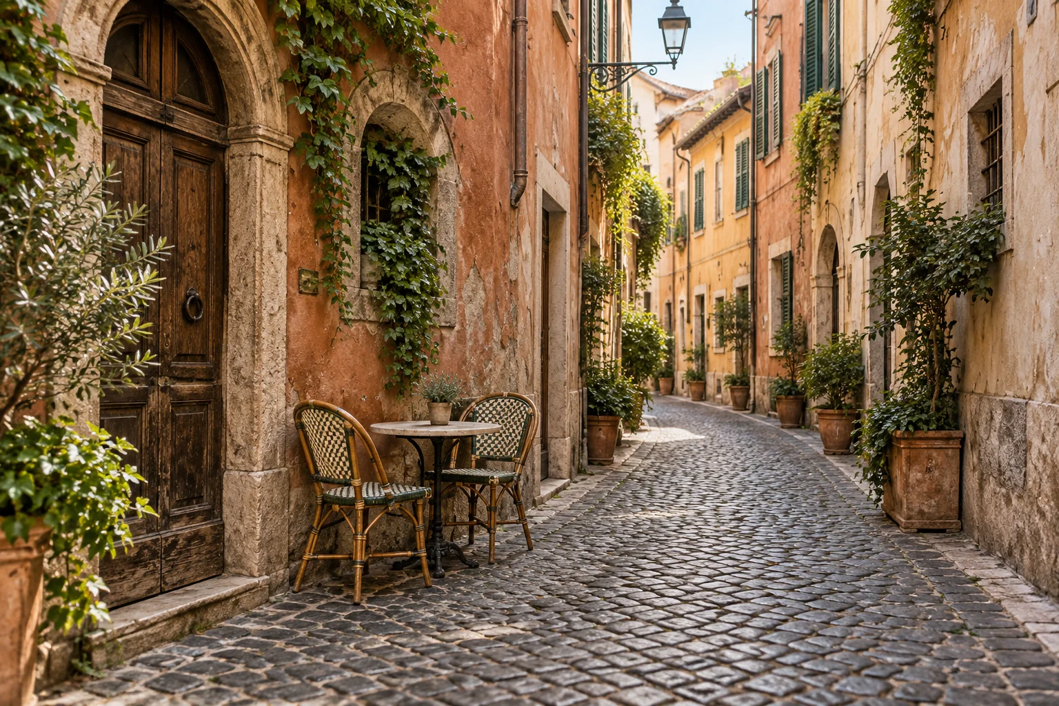 A quiet Roman lane with terracotta walls, green shutters and a small café terrace; AI-generated editorial illustration.