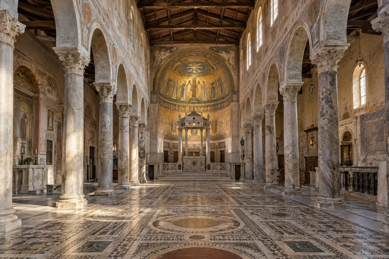 Marble columns, a patterned floor and a golden apse mosaic in a Roman basilica; AI-generated editorial illustration.